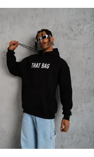 Erkek Kanguru Cepli Baskılı Kapüşonlu Sweatshirt - Siyah