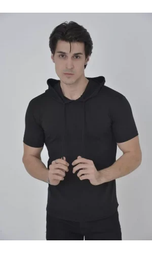 Erkek Kapşonlu Slim Fit T-shirt - Siyah