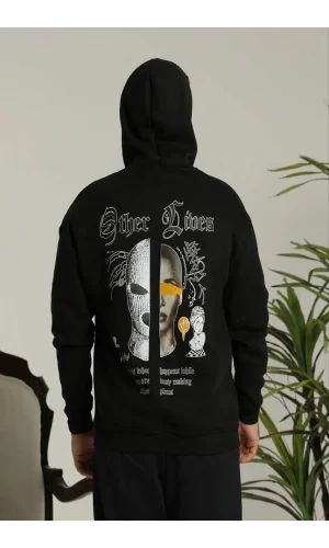 Erkek Kapşonlu Sweatshirt – Oversize Üç İplik Şardonlu Hoodie, “Other Lives” Ön & Arka Baskılı, Kanguru Cepli, Kışlık Rahat Günlük Stil - Siyah