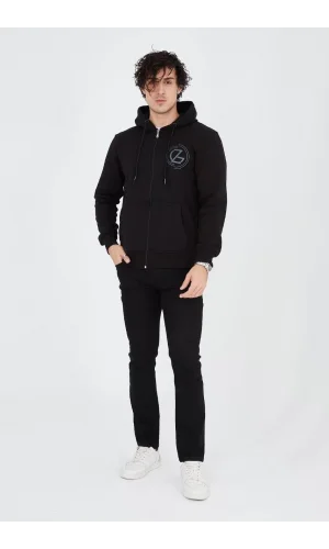 Erkek Kapüşonlu Baskılı Fermuarlı Hırka - Siyah