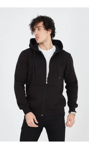 Erkek Kapüşonlu Düz Fermuarlı Hırka - Siyah