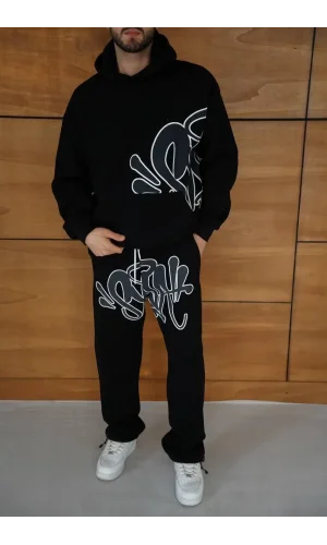 Erkek Kapüşonlu Eşofman Takım Graffiti Baskılı Oversize Rahat Kalıp, Kanguru Cepli, Streetwear Tarzında Premium Ürün 3 iplik Pamuklu - Siyah