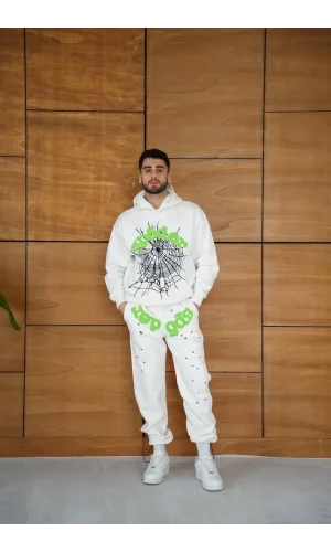 Erkek Kapüşonlu Eşofman Takım Örümcek Ağı ve Neon Yeşil Baskılı Kanguru cepli Oversize Rahat Kalıp, Premium Üç İplik Kumaş - Beyaz