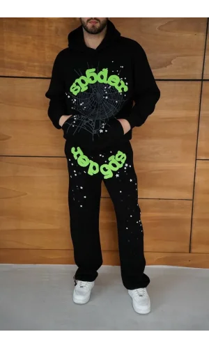 Erkek Kapüşonlu Eşofman Takım Örümcek Ağı ve Neon Yeşil Baskılı Kanguru cepli Oversize Rahat Kalıp, Premium Üç İplik Kumaş - Siyah