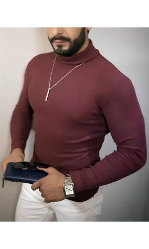 Erkek Kaşkorse Boğazlı Full Likralı Fitilli Body Kazak - Bordo