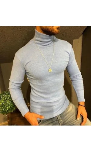 Erkek Kaşkorse Boğazlı Full Likralı Fitilli Body Kazak - Gri