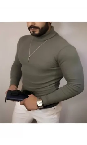 Erkek Kaşkorse Boğazlı Full Likralı Fitilli Body Kazak - Haki