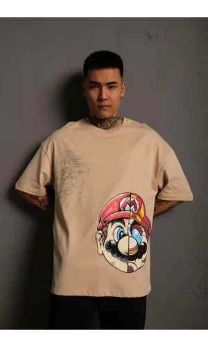 Erkek Mario Baskılı Oversize T-Shirt - Bej