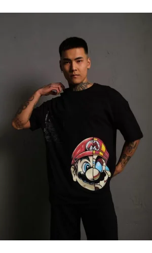 Erkek Mario Baskılı Oversize T-Shirt - Siyah