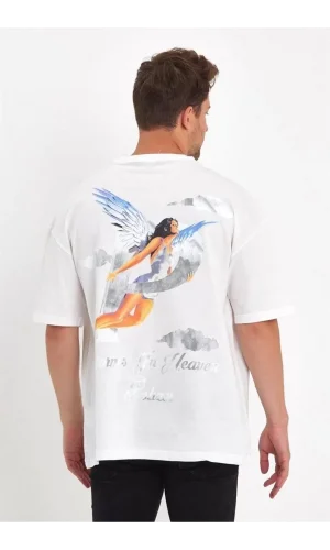 Erkek Melek Baskılı Oversize T-shirt - Beyaz