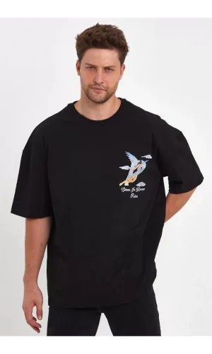 Erkek Melek Baskılı Oversize T-shirt - Siyah