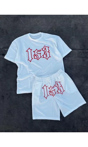 Erkek Nakış İşlemeli Şortlu Takım - Beyaz