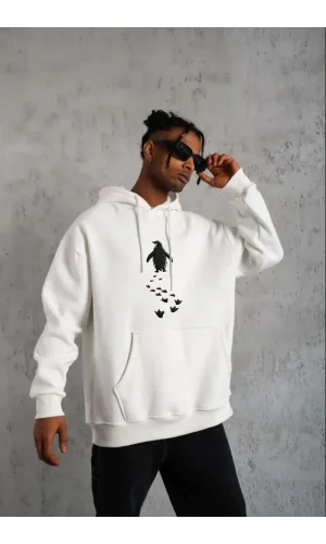 Erkek Nihilist Penguen Temalı Oversize Kapüşonlu Sweatshirt - Beyaz