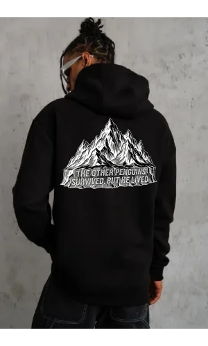 Erkek Nihilist Penguen Temalı Oversize Kapüşonlu Sweatshirt - Siyah