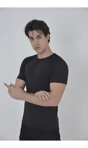 Erkek Omuz Fileli Slim Fit T-shirt - Siyah