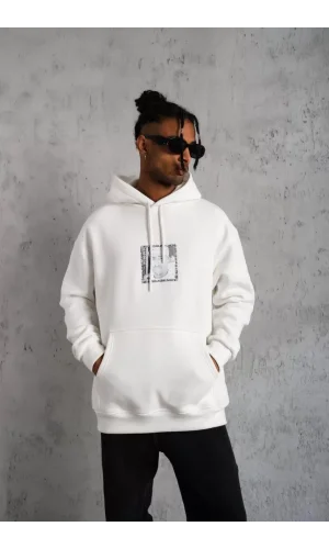 Erkek Ön Arka Baskılı Kapşonlu Sweat - Beyaz