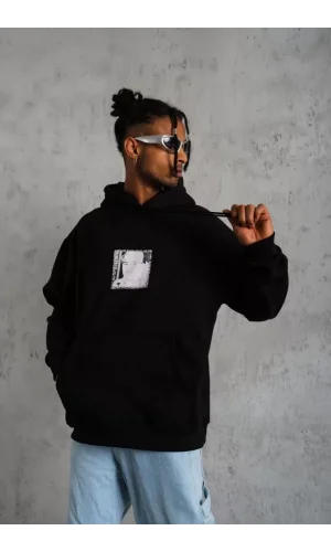 Erkek Ön Arka Baskılı Kapşonlu Sweat - Siyah