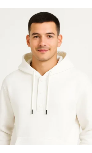 Erkek Ovarsize Kapüşonlu Swetshirt Kanguru Çepli Cıtcıtlı 3 iplik Şardonlu Hoodie - Beyaz