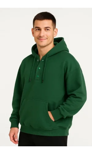 Erkek Ovarsize Kapüşonlu Swetshirt Kanguru Çepli Cıtcıtlı 3 iplik Şardonlu Hoodie - Haki