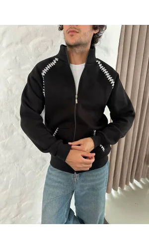 Erkek Oversize Dik Yaka Fermuarlı Sweatshirt - Zincir Nakışli Kanguru Cepli - Siyah