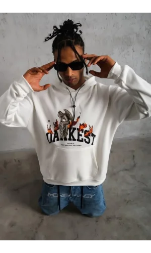 Erkek Oversize Kapüşonlu Sweatshirt – Beyaz Renk Üç İplik İçi Pamuklu Kanguru Cepli Baskılı Hoodie Rahat Kalıp Kışlık Günlük Kombinlere Uygun - Beyaz