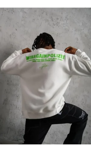 Erkek Oversize Sweatshirt – Beyaz Renk | Ön ve Sırt Baskılı, Üç İplik İçi Pamuklu Kumaş, Rahat Kalıp, Ribanalı Kışlık Sweat | Winagain Polizei Serisi - Beyaz