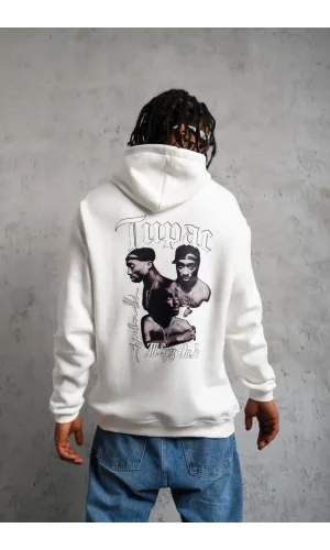 Erkek Oversize Üç İplik Kapüşonlu Sweat – Kol ve Etek Ribana Detaylı, Ön ve Sırt Baskılı, Kanguru Cepli Rahat Kalıp Model - Beyaz