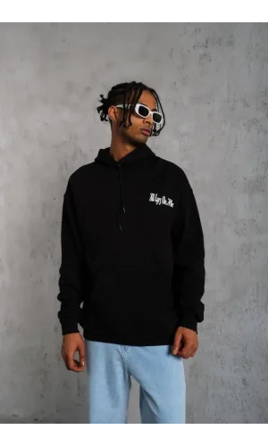 Erkek Oversize Üç İplik Kapüşonlu Sweat – Siyah Kol ve Etek Ribana Detaylı, Ön ve Sırt Baskılı, Kanguru Cepli Rahat Kalıp Model