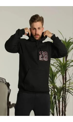 Erkek Oversize Üç İplik Kapüşonlu Sweatshirt –Sırt ve Ön Baskılı, Kanguru Cepli, Rahat Kalıp Maskot Desenli Model - Siyah