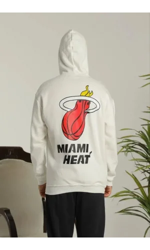 Erkek Oversize Üç İplik Kapüşonlu Sweatshirt –Sırt ve Ön Baskılı, Kanguru Cepli, Rahat Kalıp Maskot Desenli Model - Siyah Beyaz