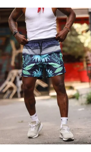 Erkek Palmiye Desenli Deniz Cepli Şort - Mavi