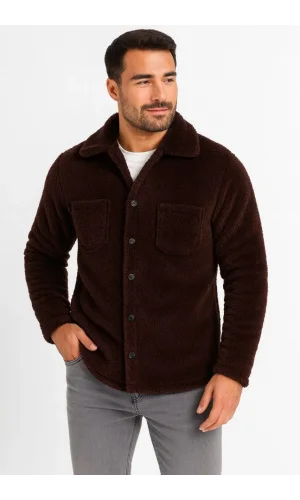 Erkek Pelüş Polar Hırka Gömlek – Yakalı, İlik Düğmeli, Göğüs Cepli, Yumuşak Dokulu Kışlık Regular Fit Rahat Günlük Model - Kahverengi