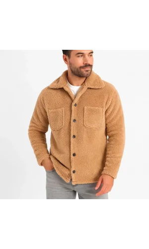 Erkek Pelüş Polar Hırka Gömlek – Yakalı, İlik Düğmeli, Göğüs Cepli, Yumuşak Dokulu Kışlık Regular Fit Rahat Günlük Model - Açık Kahve