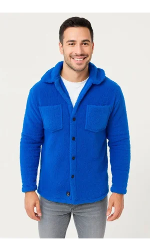 Erkek Pelüş Polar Hırka Gömlek – Yakalı, İlik Düğmeli, Göğüs Cepli, Yumuşak Dokulu Kışlık Regular Fit Rahat Günlük Model - Saks Mavisi