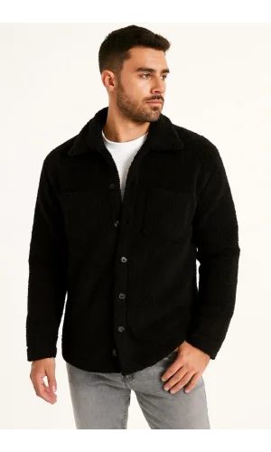 Erkek Pelüş Polar Hırka Gömlek – Yakalı, İlik Düğmeli, Göğüs Cepli, Yumuşak Dokulu Kışlık Regular Fit Rahat Günlük Model - Siyah