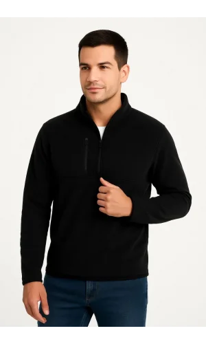 Erkek Polar Kazak – Dik Yaka, Yarım Fermuarlı, Fermuarlı Göğüs Cepli, Siyah Biyeli, Kışlık Rahat Regular Fit Günlük Model - Siyah