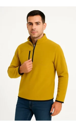Erkek Polar Kazak – Dik Yaka, Yarım Fermuarlı, Fermuarlı Göğüs Cepli, Siyah Biyeli, Kışlık Rahat Regular Fit Günlük Model - Sarı