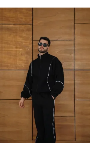 Erkek Premium Parçalı Eşofman Takım - Dik Yaka Fermuarlı Biyeli Sweatshirt Lastik Paça Alt, Oversize 3 iplik Şardonlu - Siyah