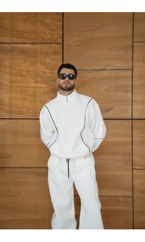 Erkek Premium Parçalı Eşofman Takım - Dik Yaka Fermuarlı Biyeli Sweatshirt Lastik Paça Alt, Oversize 3 iplik Şardonlu - Beyaz