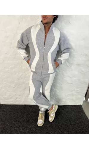 Erkek Premium Parçalı Eşofman Takım - Dik Yaka Fermuarlı Sweatshirt, - Gri