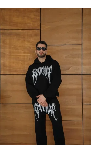 Erkek Premium Taş Baskılı Eşofman Takım Revenge Model (Siyah) Kapüşonlu Üst + Taşlı Baskılı Alt Modern Streetwear Tarzı Oversize Rahat Kalıp 3 iplik Pamuklu - Siyah
