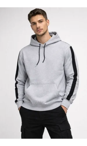 Erkek Şeritli Kapüşonlu Sweatshirt Oversize 3 iplik Pamuklu - Beyaz