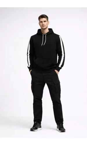 Erkek Şeritli Kapüşonlu Sweatshirt Oversize 3 iplik Pamuklu - Siyah