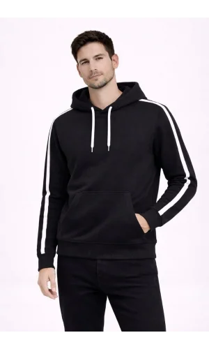 Erkek Şeritli Kapüşonlu Sweatshirt Oversize 3 iplik Pamuklu - Siyah