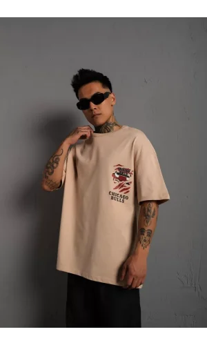 Erkek Sırt Baskılı A Kalite Oversize T-shirt - Bej