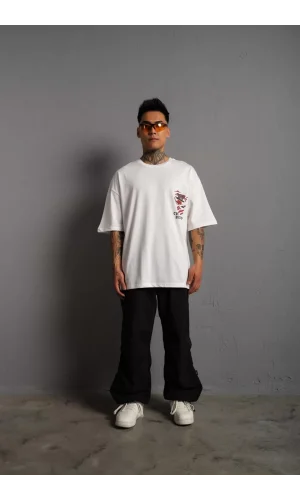 Erkek Sırt Baskılı A Kalite Oversize T-shirt - Beyaz