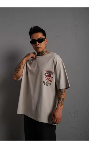 Erkek Sırt Baskılı A Kalite Oversize T-shirt - Gri