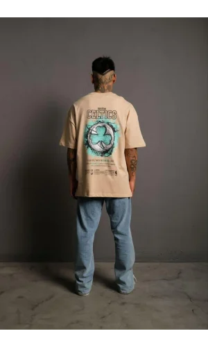 Erkek Sırt Baskılı T-shirt - Bej