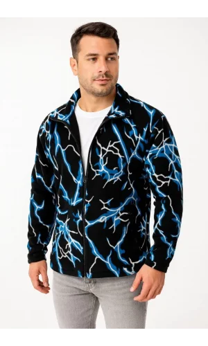 Erkek Tam Fermuarlı Desenli Polar Sweat Lightning Desen Yakalı, Uzun Kollu, Oversize Rahat Kalıp - Siyah
