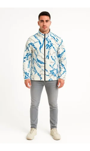 Erkek Tam Fermuarlı Desenli Polar Sweat  Lightning Desen Yakalı, Uzun Kollu, Oversize Rahat Kalıp - Beyaz
